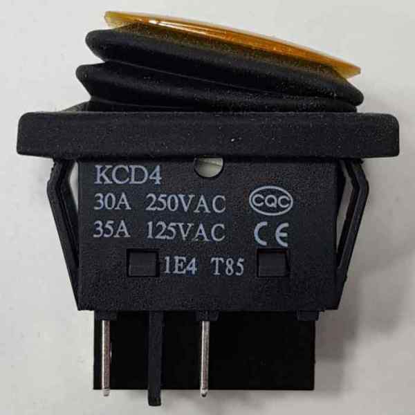 Выключатель-клавиша 4 контакта, IP67, прорезиненный кожух, желтый (30A/250V)